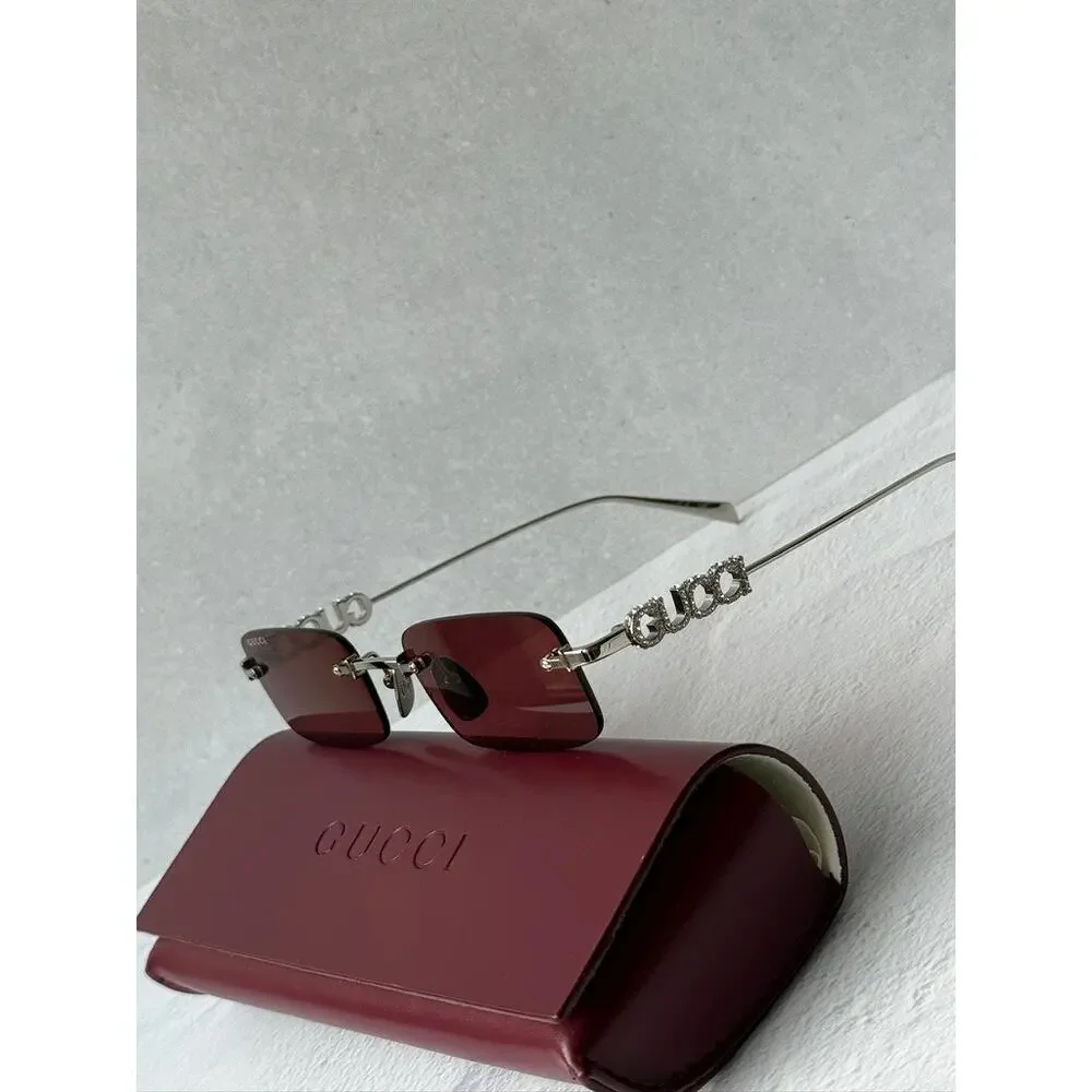 NEW Gucci GG1808S Silver Crystal Rimless Red Lens Sunglasses